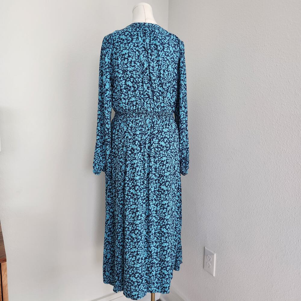 Vintage LOFT Blue Floral Long Sleeve Button Down A-Line Midi Dress L - Picture 9 of 12